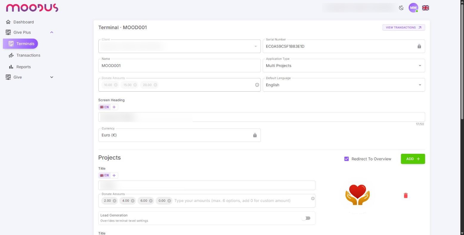 A Give Plus terminal set to Multi Projects, with the Projects block and the first project