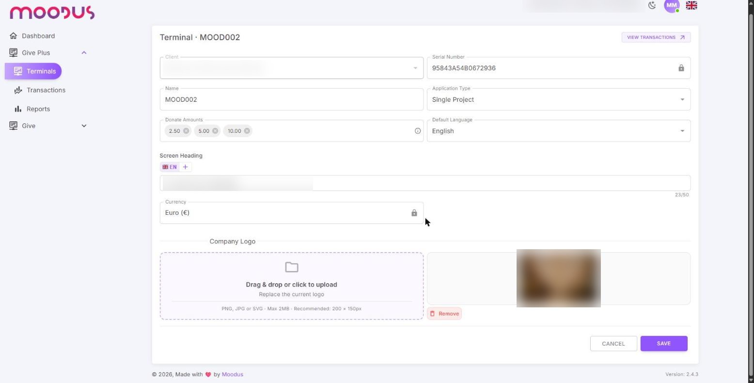 A Give Plus terminal's settings screen, set to Single Project
