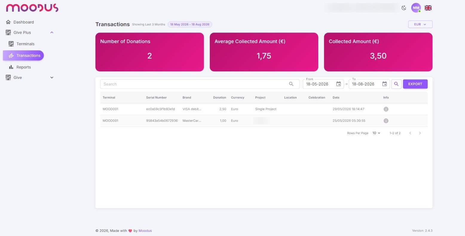 The Give Plus Transactions screen with two donations listed