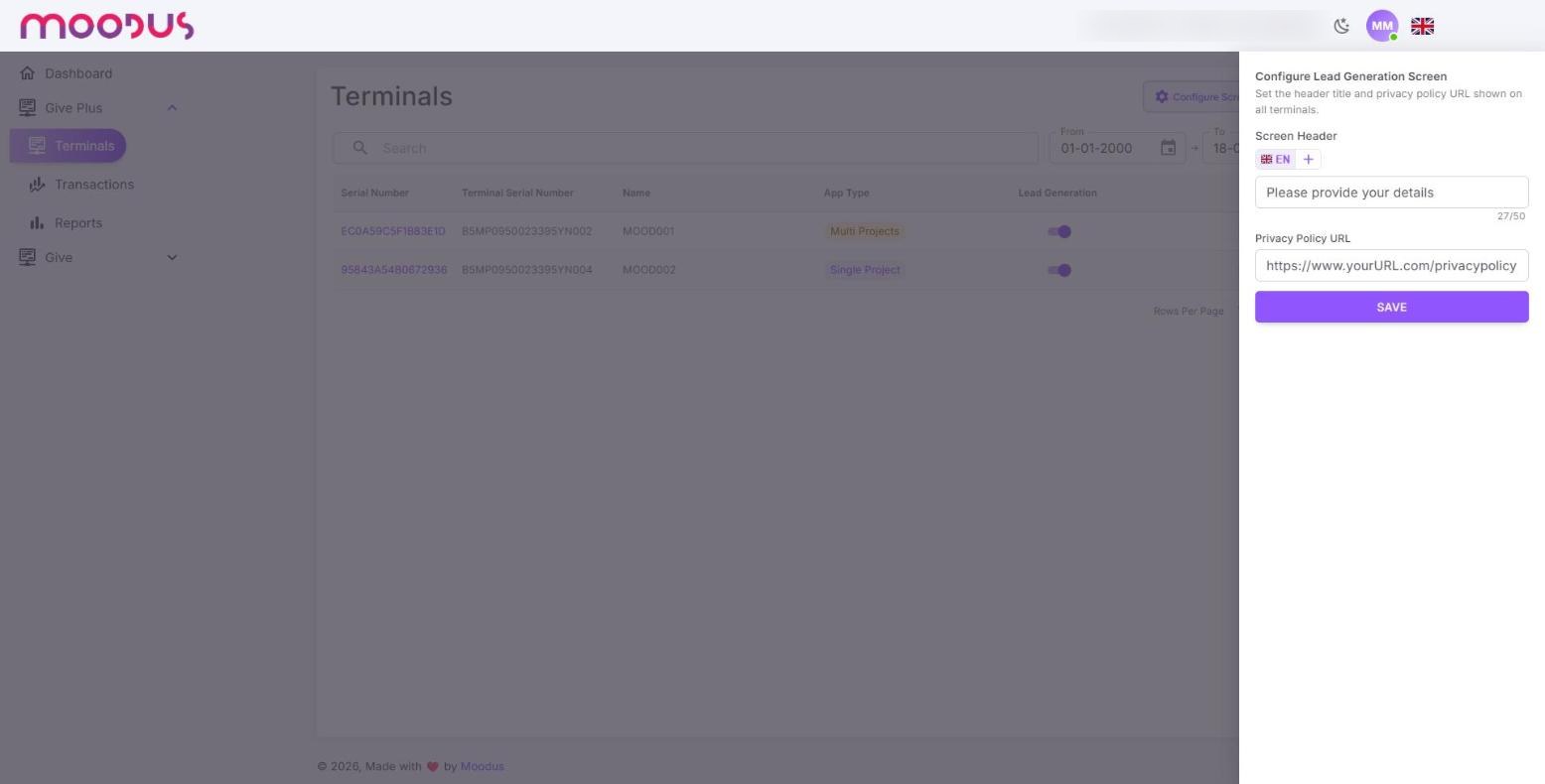 The Configure Lead Generation Screen panel, with the screen header and privacy policy URL