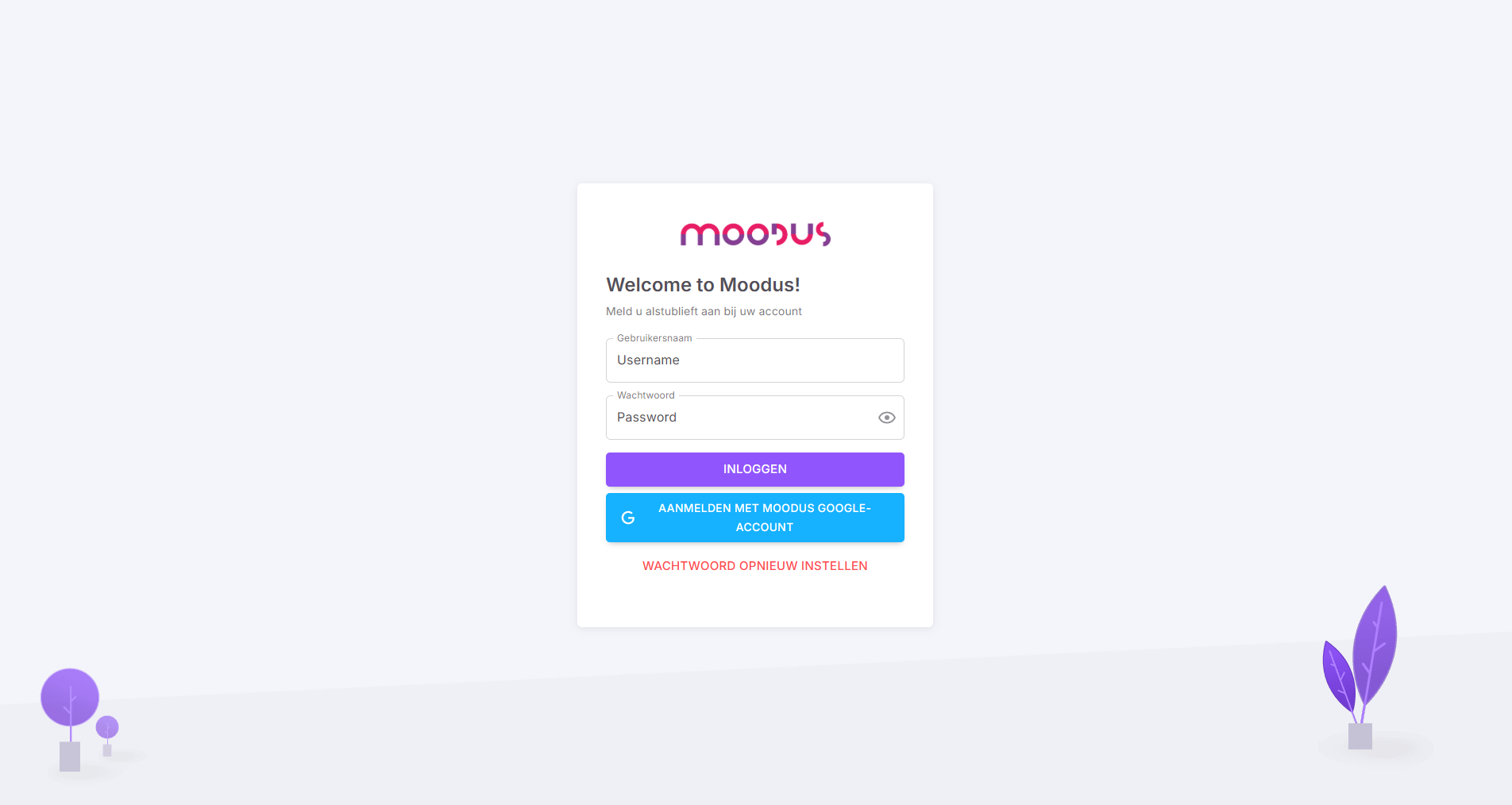 The Moodus dashboard login page, with the username and password fields