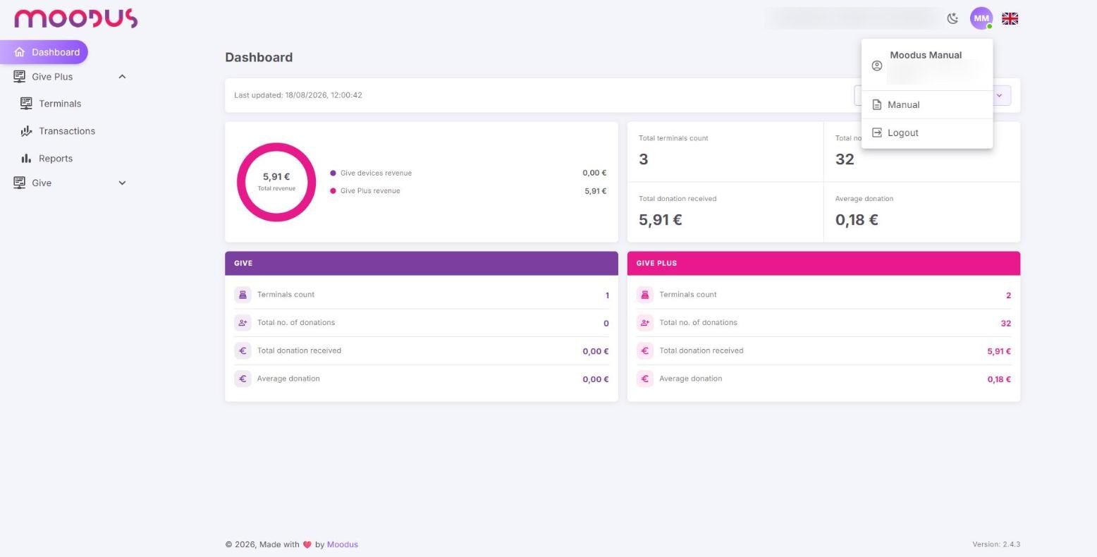 The profile menu open, showing the account name, Manual and Logout