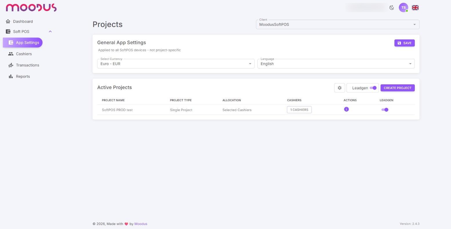 The SoftPOS App Settings screen, with General App Settings above the Active Projects table