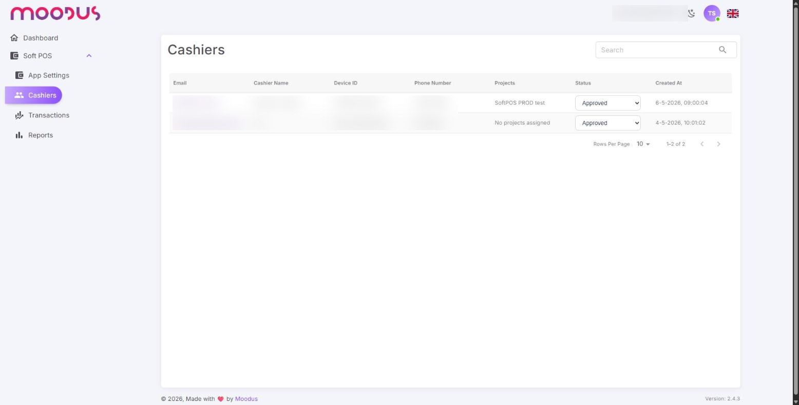 The SoftPOS Cashiers list, with the Status dropdown on each row