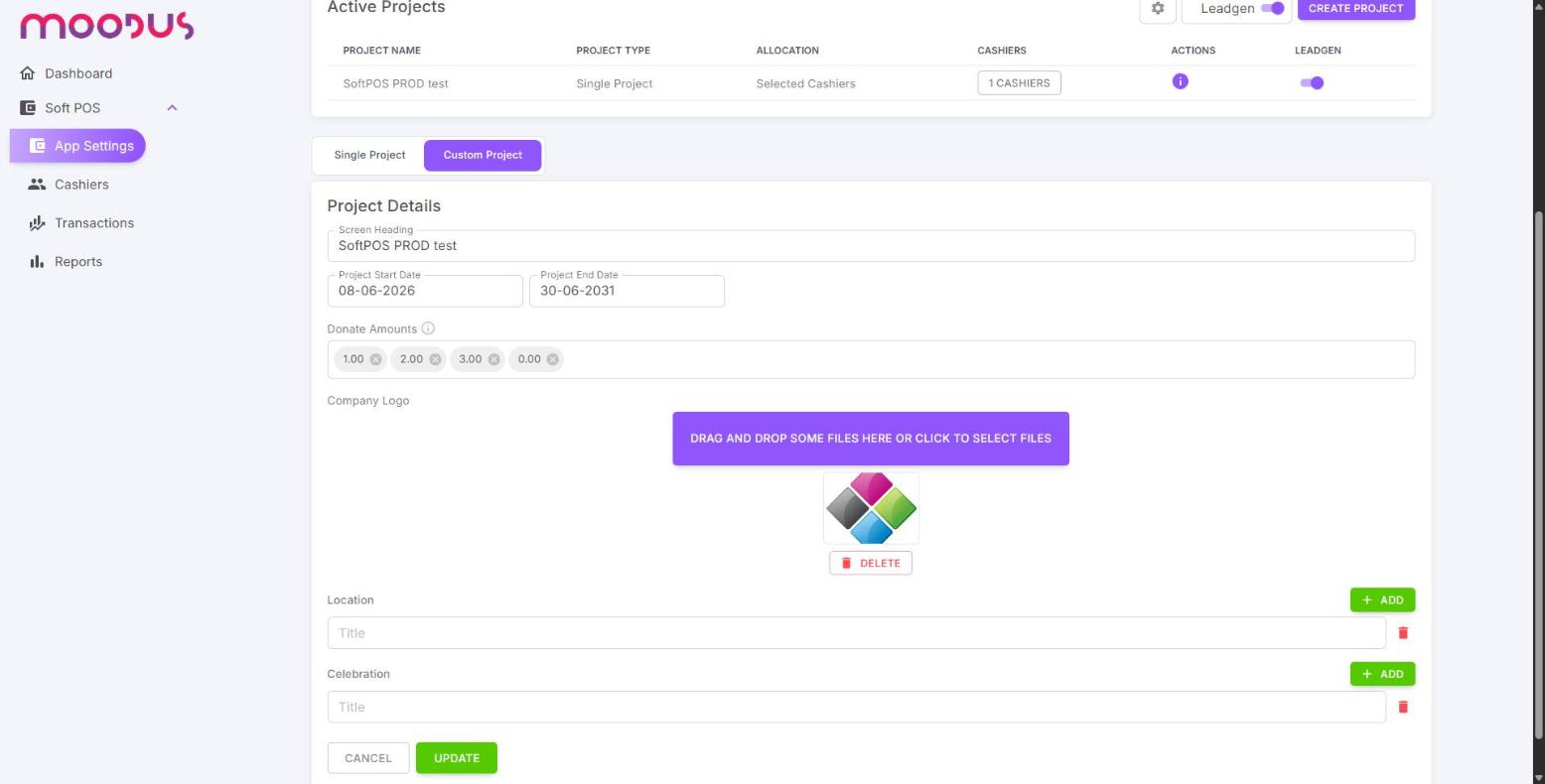 A SoftPOS project open on the Custom Project tab, showing the Location and Celebration lists