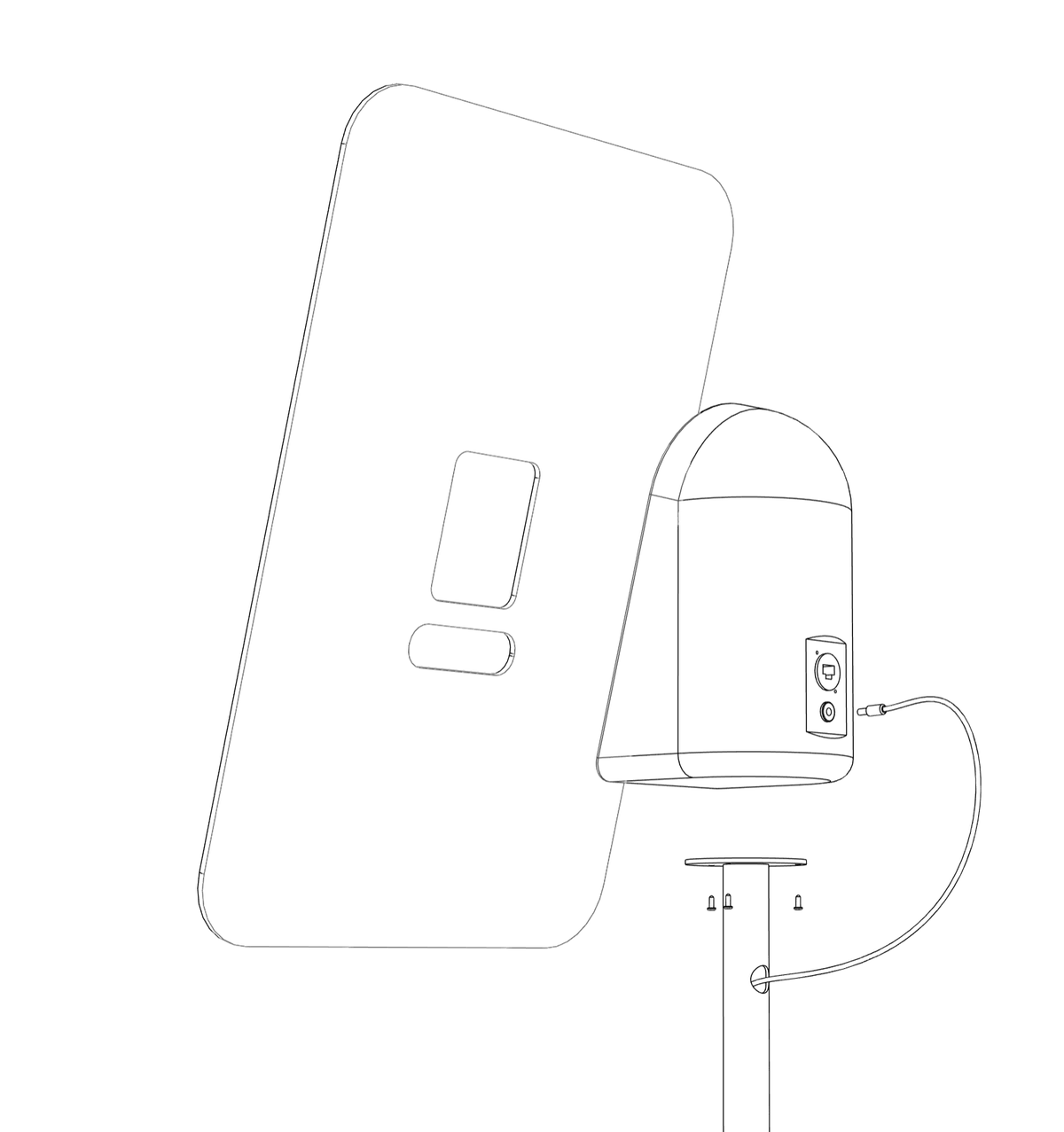 White terminal casing screwed to the pole, promoboard taped to it and the cable plugged into the back