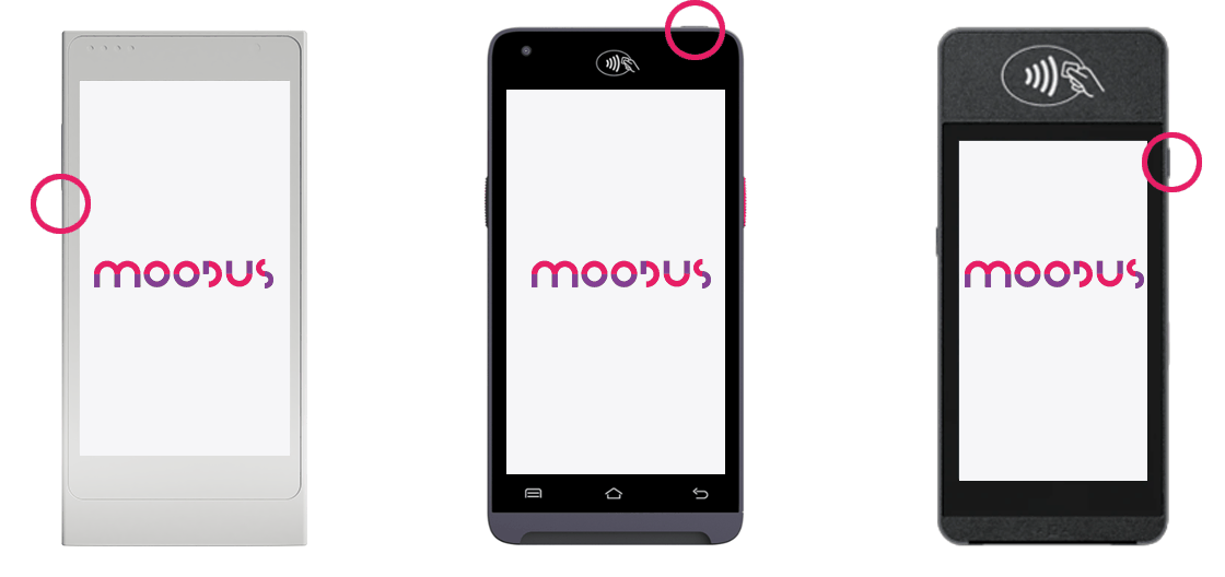 The Moodus splash screen on the Castles S1e2, NexGo N6 and Newland N750, with the power button circled on each