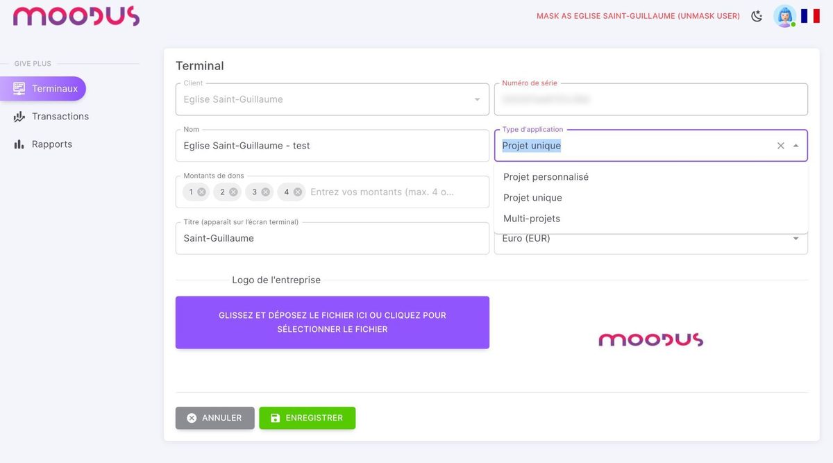 Application type dropdown